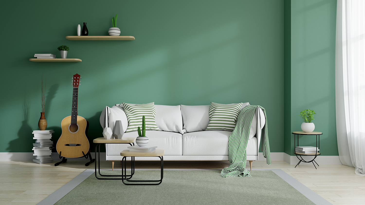 เฟอร์นิเจอร์สีเขียว กำแพงสีเขียว โทนสี อบอุ่น