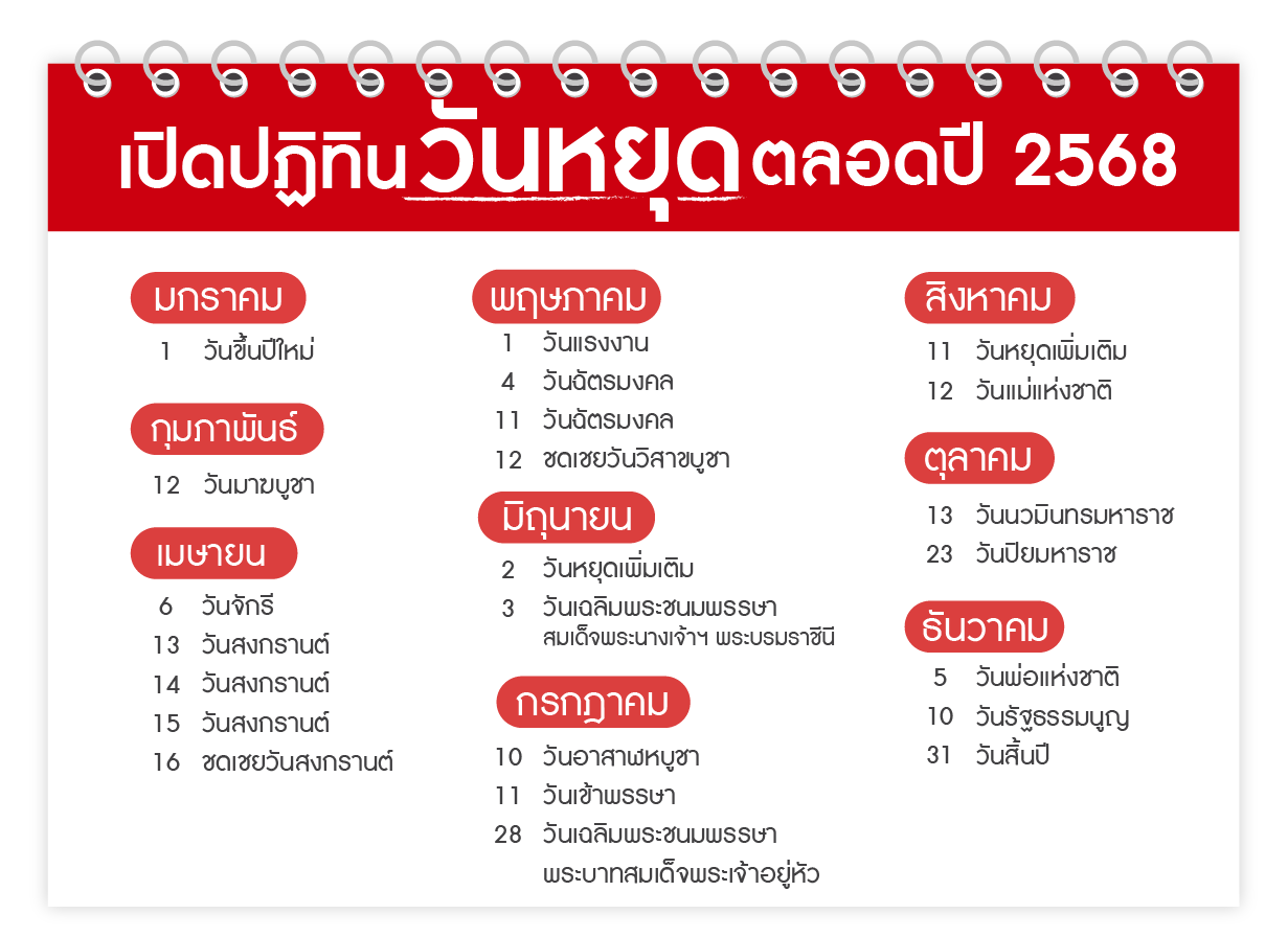 ปฏิทินวันหยุด ตลอดปี 2568