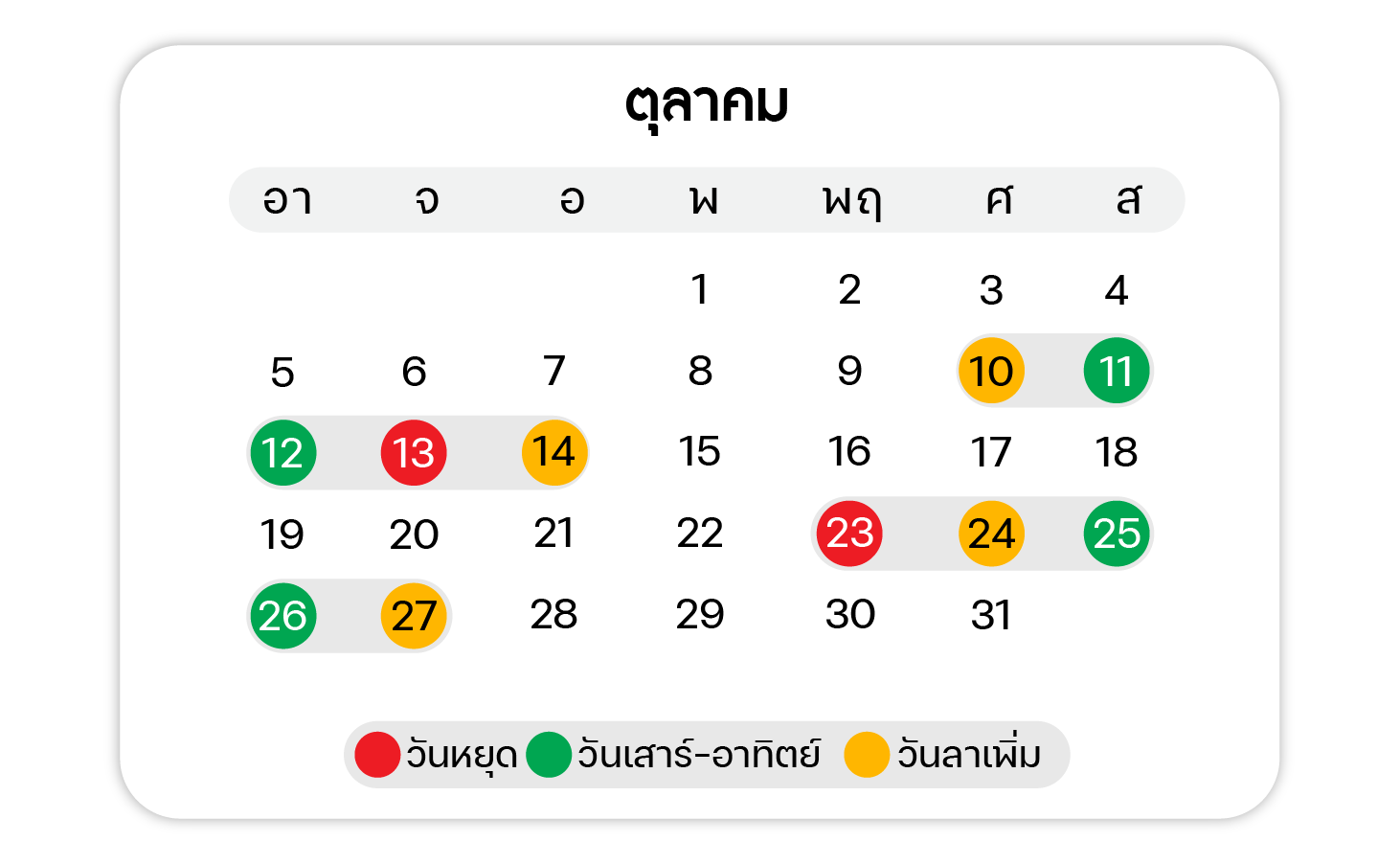 ปฏิทินวันหยุด ตลอดปี 2568 เดือน ตุลาคม