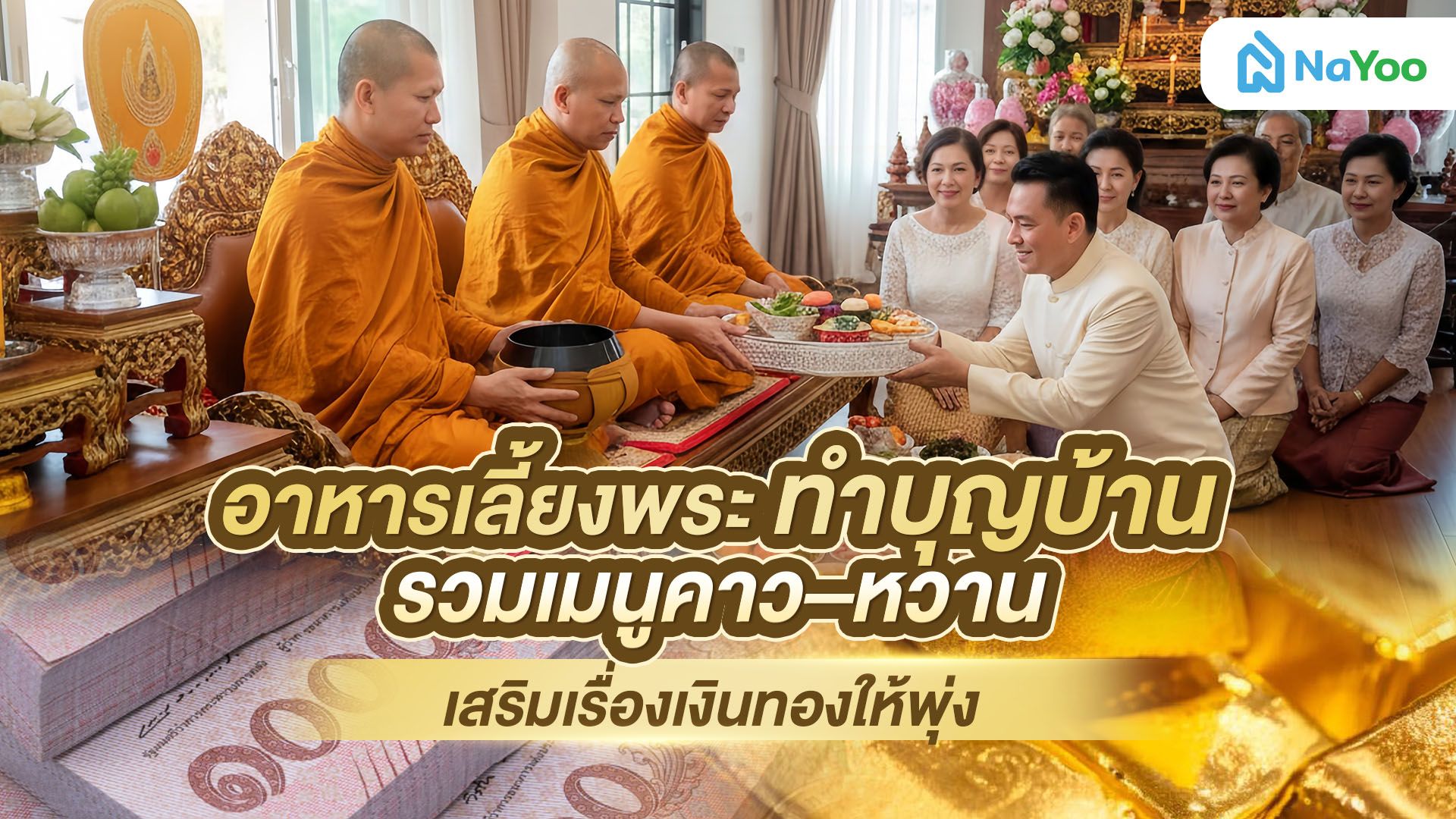 อาหารเลี้ยงพระ ทำบุญบ้าน รวมเมนูคาว–หวานเสริมเรื่องเงินทองให้พุ่ง!