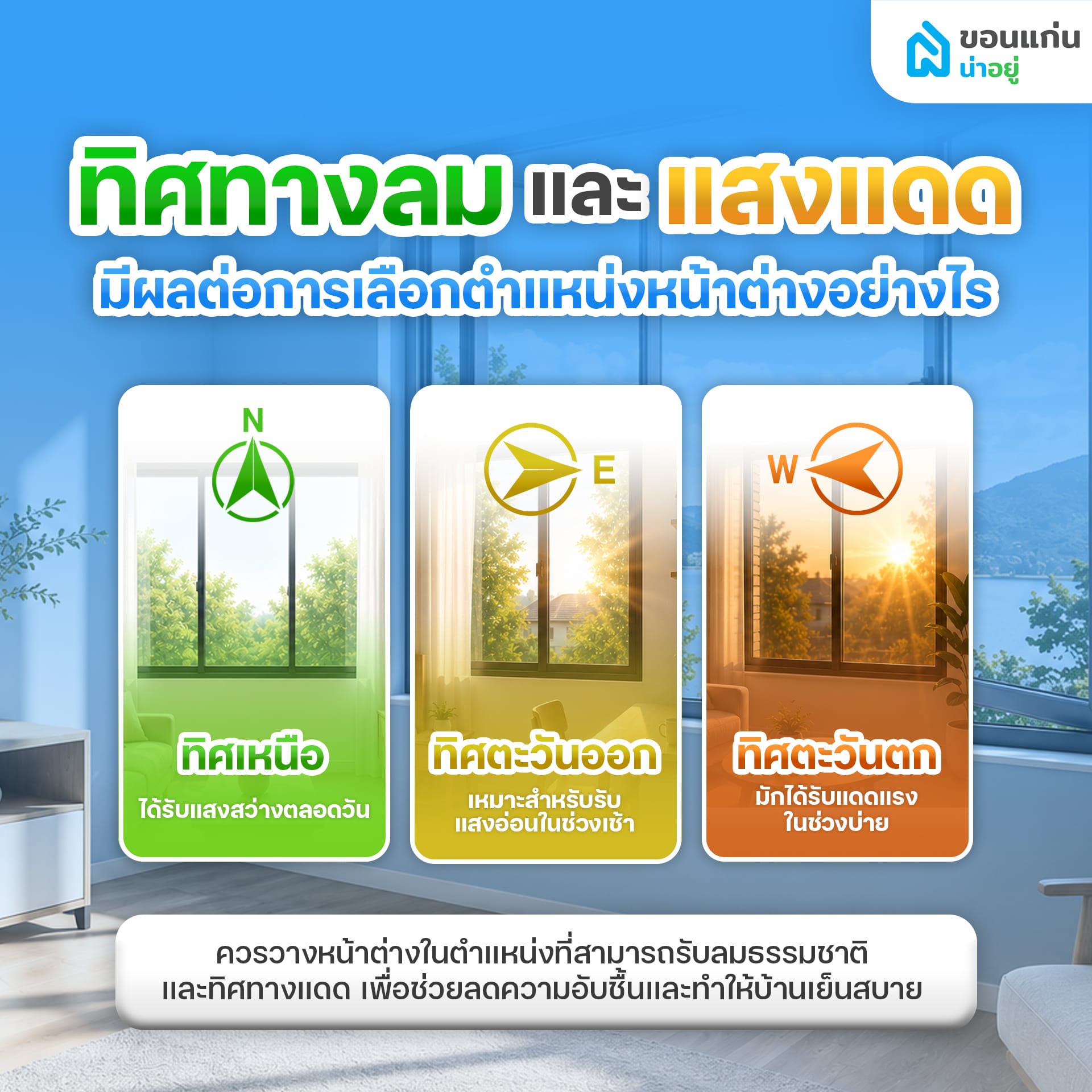 ทิศทางลมและแสงแดดมีผลต่อการเลือกตำแหน่งหน้าต่างอย่างไร
