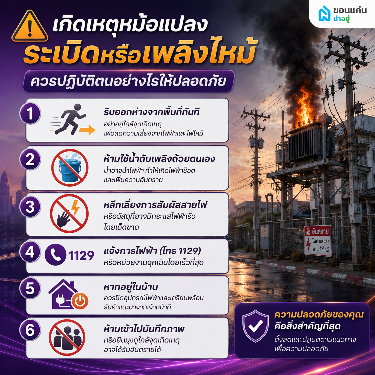 ในกรณีที่เกิดเหตุหม้อแปลงระเบิดหรือเพลิงไหม้เราควรปฏิบัติตนอย่างไรให้ปลอดภัย