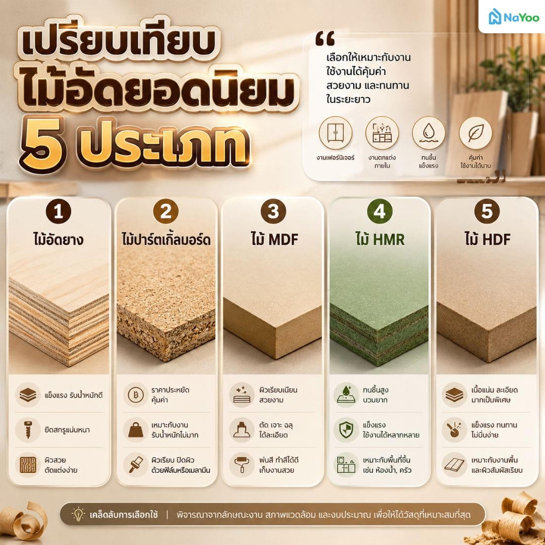 เปรียบเทียบคุณสมบัติไม้อัดยอดนิยม 5 ประเภท