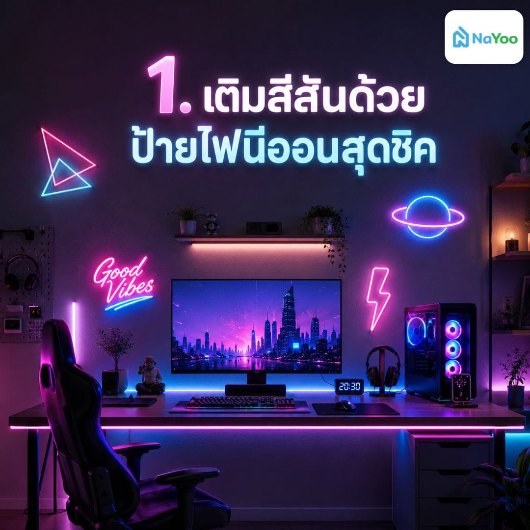 ไอเดียจัดโต๊ะคอม ตกแต่งผนังห้องด้วยป้ายไฟนีออน