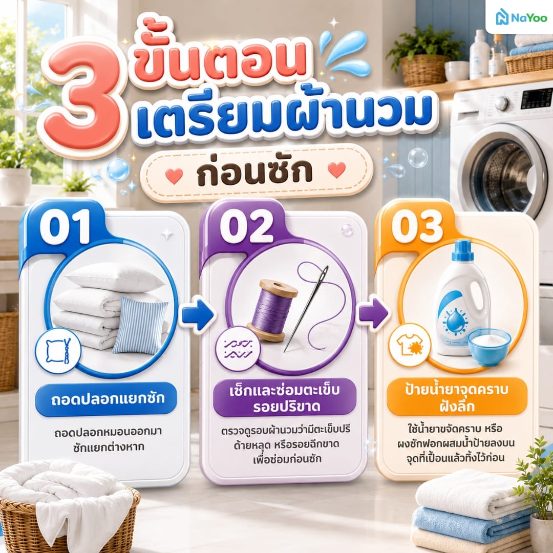 แนะนำ 3 ขั้นตอนการเตรียมผ้านวมก่อนซัก